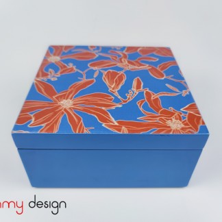 Blue square lacquer box with red orchid pattern 16 cm 